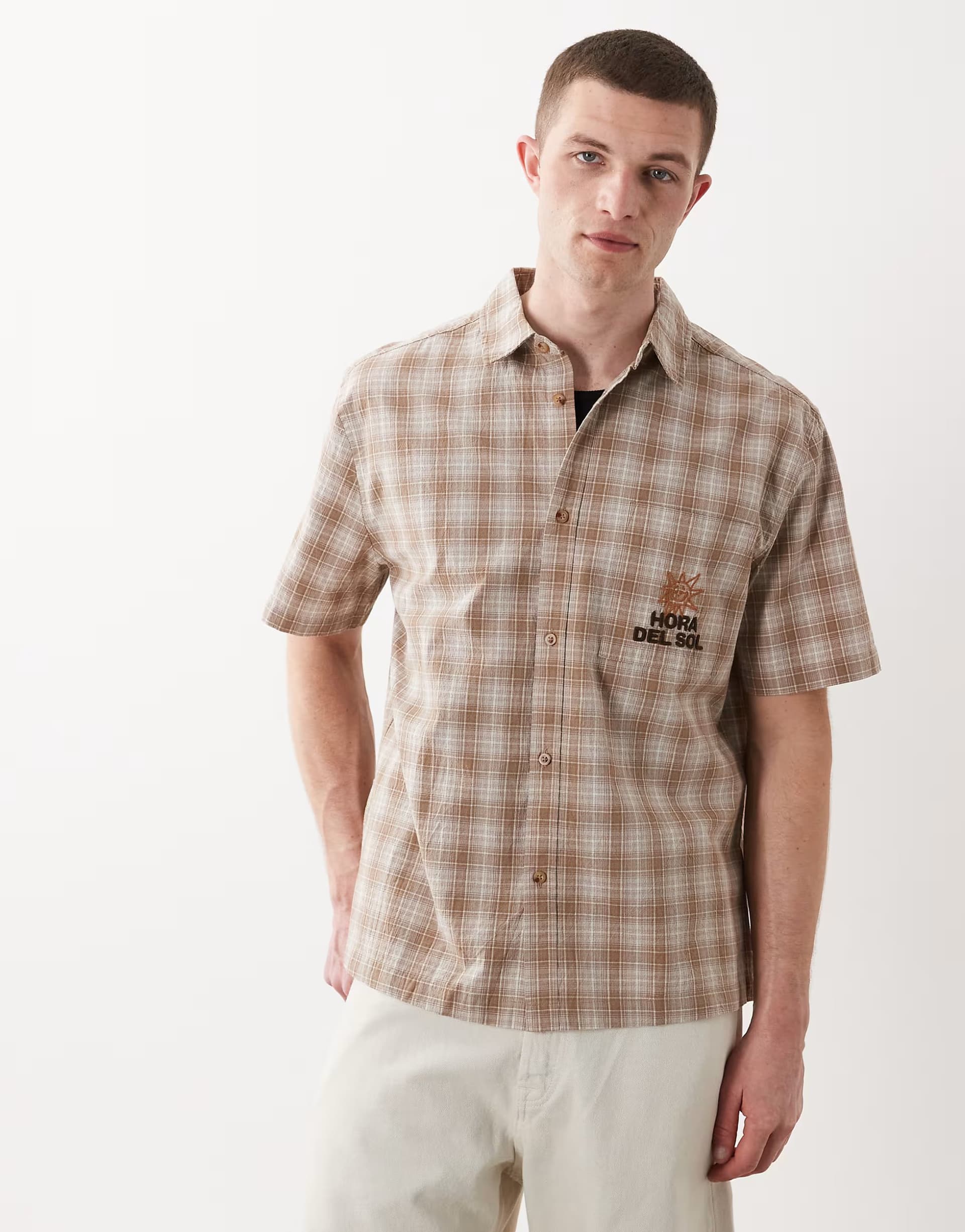 ASOS ASOS DESIGN relaxed check shirt with chest embroidery in brown