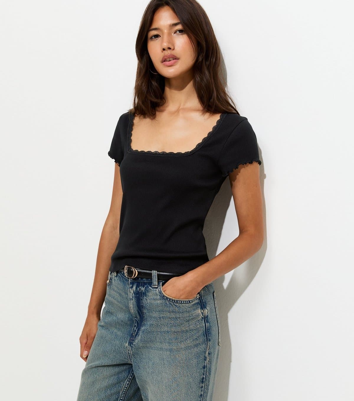 New Look Women's Black Cotton Rich Short Sleeve Lace Trim Square Neck Top New Look