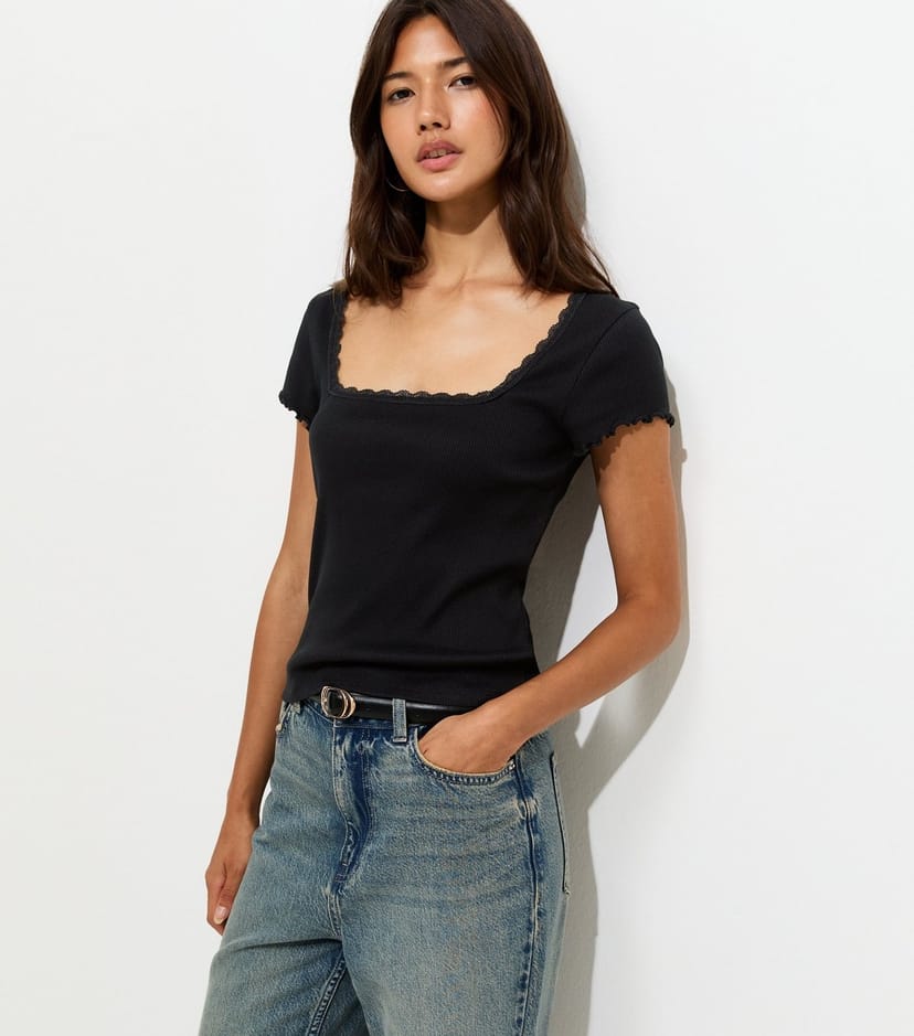 New Look Women's Black Cotton Rich Short Sleeve Lace Trim Square Neck Top New Look - 1