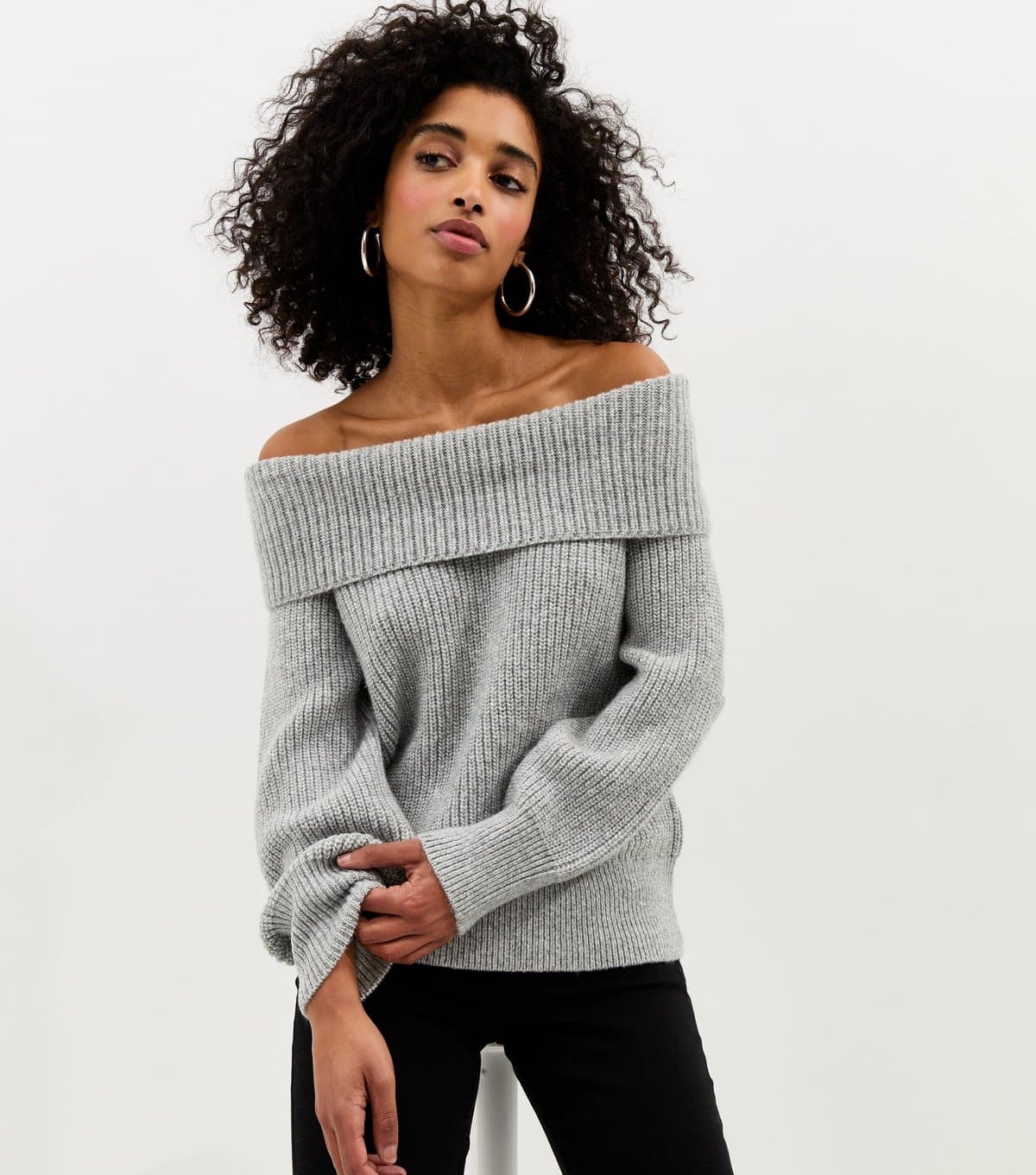 New Look Women's Light Grey Ribbed Bardot Knit Jumper New Look