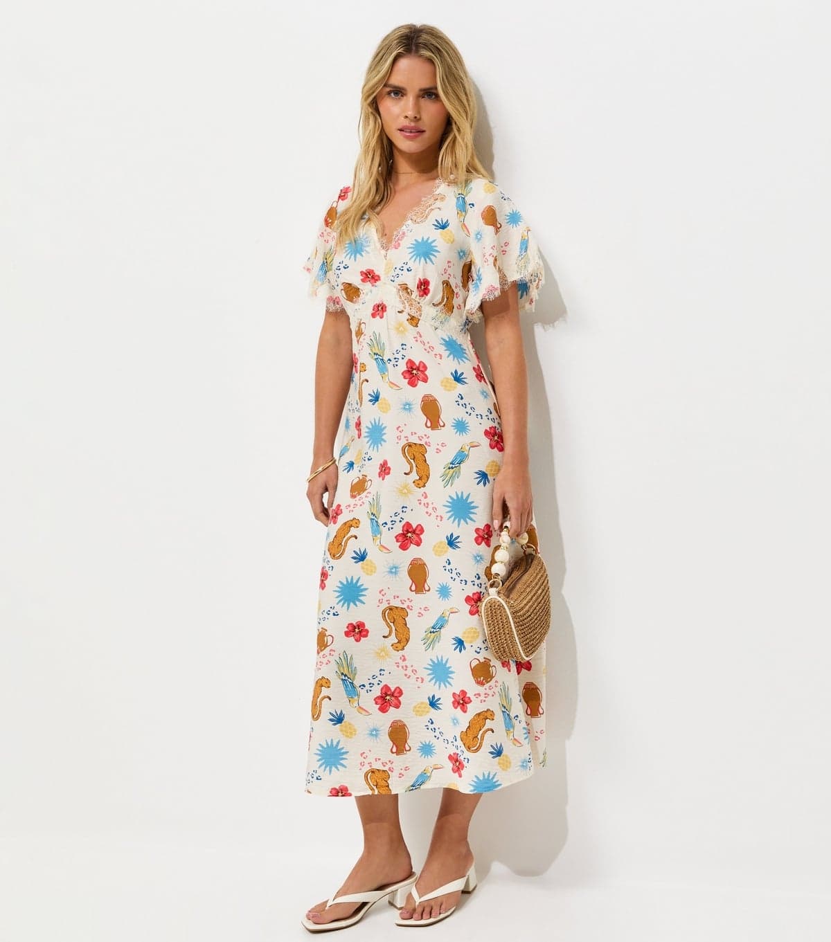 New Look Women's Petite Cream Leopard Print Lace Trim Midi Tea Dress New Look