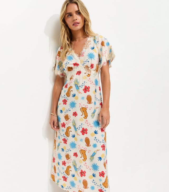 New Look Women's Petite Cream Leopard Print Lace Trim Midi Tea Dress New Look - 3