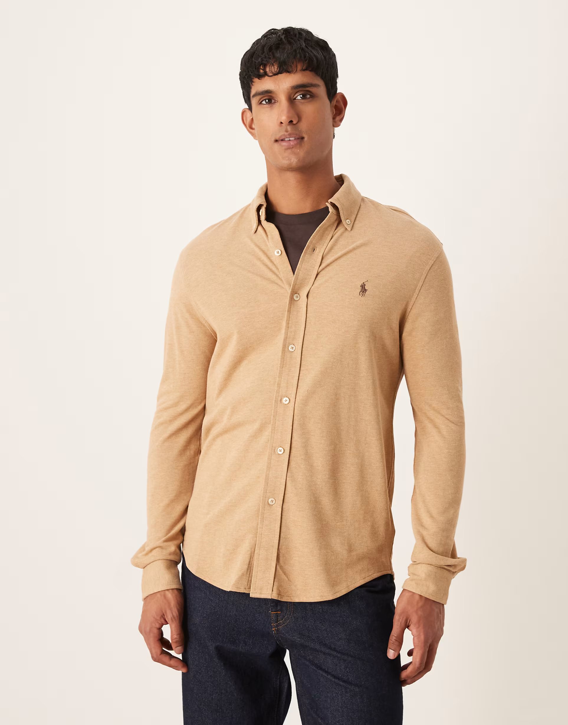ASOS Polo Ralph Lauren icon logo pique shirt in camel marl - 1