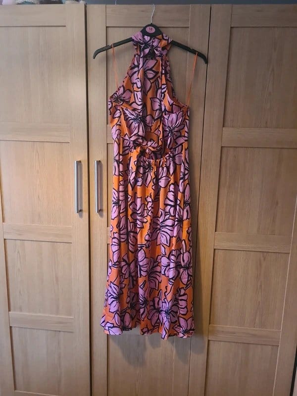 New Look Orange & Pink Floral Halter Dress