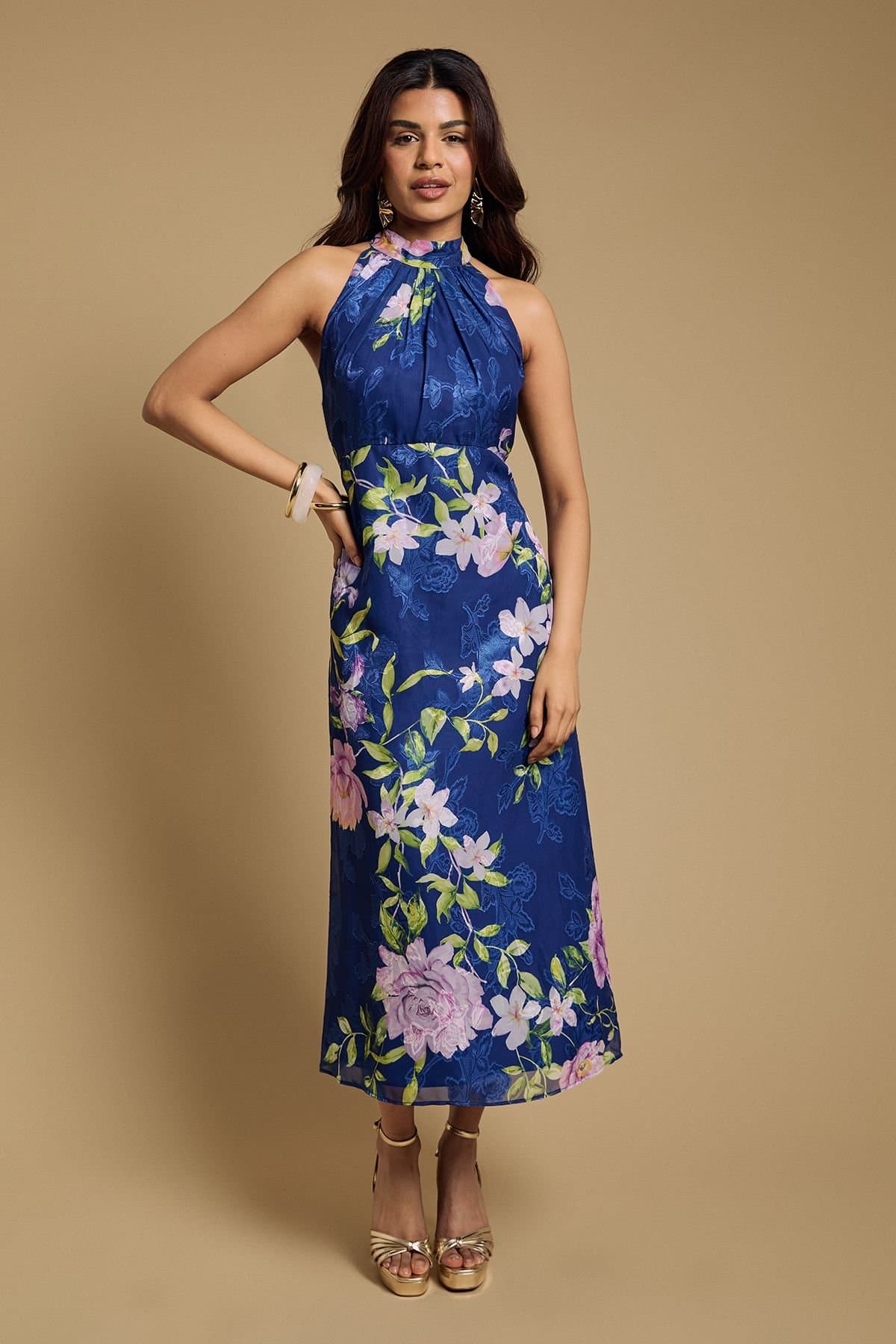 Oasis Oasis Women's Petite Floral Satin Burnout Halterneck Midi Dress