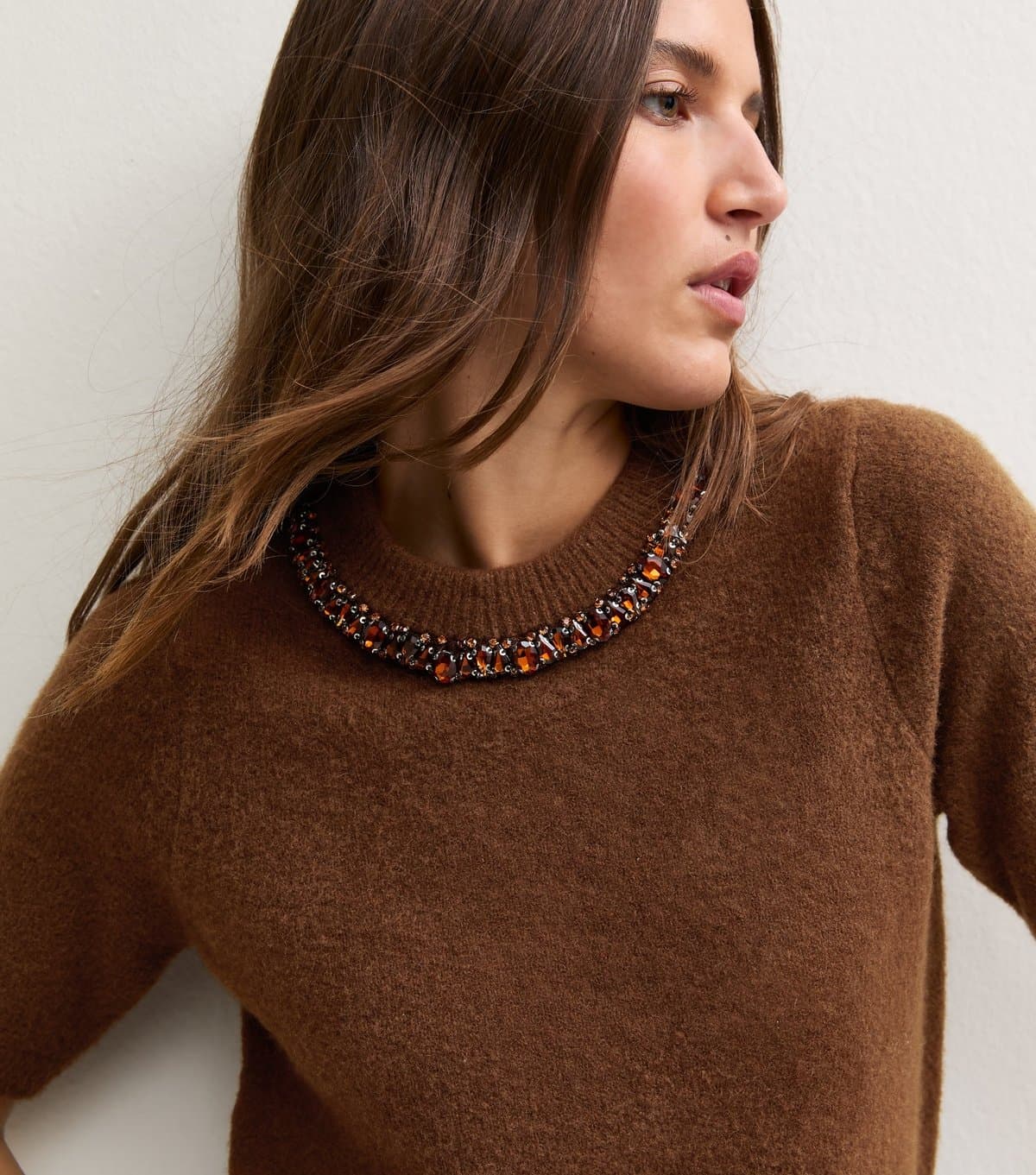 New Look Women's Brown Embellished Necklace Knitted Short Sleeve Top New Look