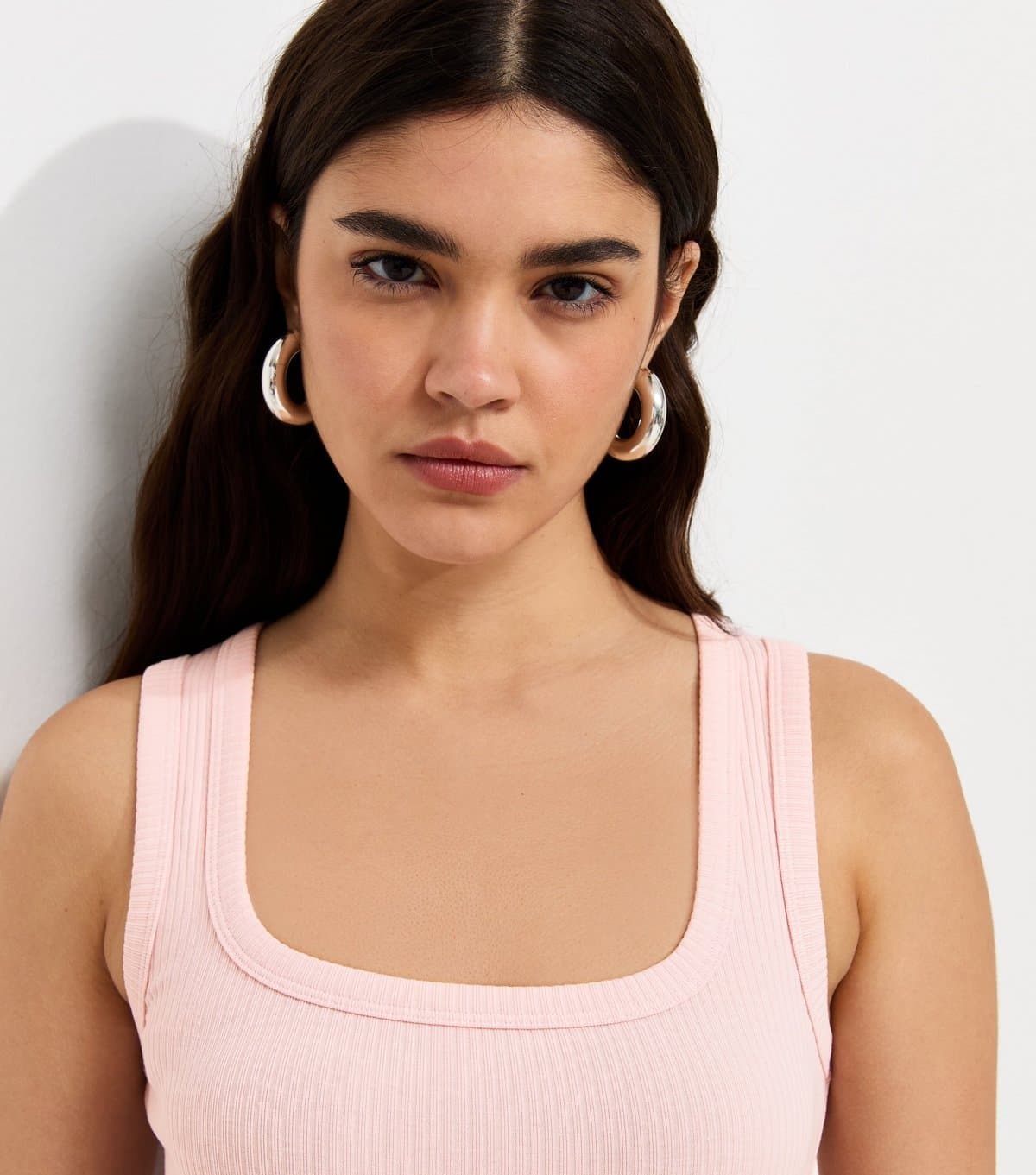 New Look Women's Pink Ribbed Cotton Rich Square Neck Vest New Look