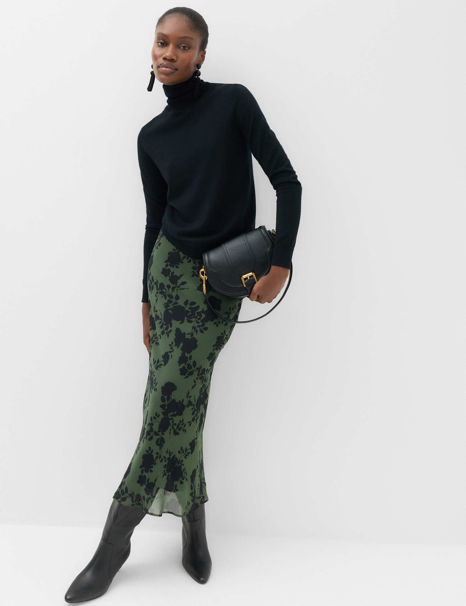 Marks & Spencer M&S Chiffon Floral Midi Column Skirt Green Mix