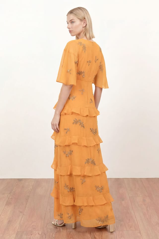 Maya Deluxe Maya Deluxe Women's Floral Embellished V Neck Kimono Sleeve Ruffled Maxi Dress in Amber - 2