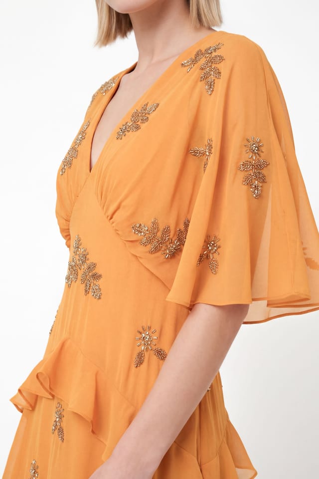 Maya Deluxe Maya Deluxe Women's Floral Embellished V Neck Kimono Sleeve Ruffled Maxi Dress in Amber - 3