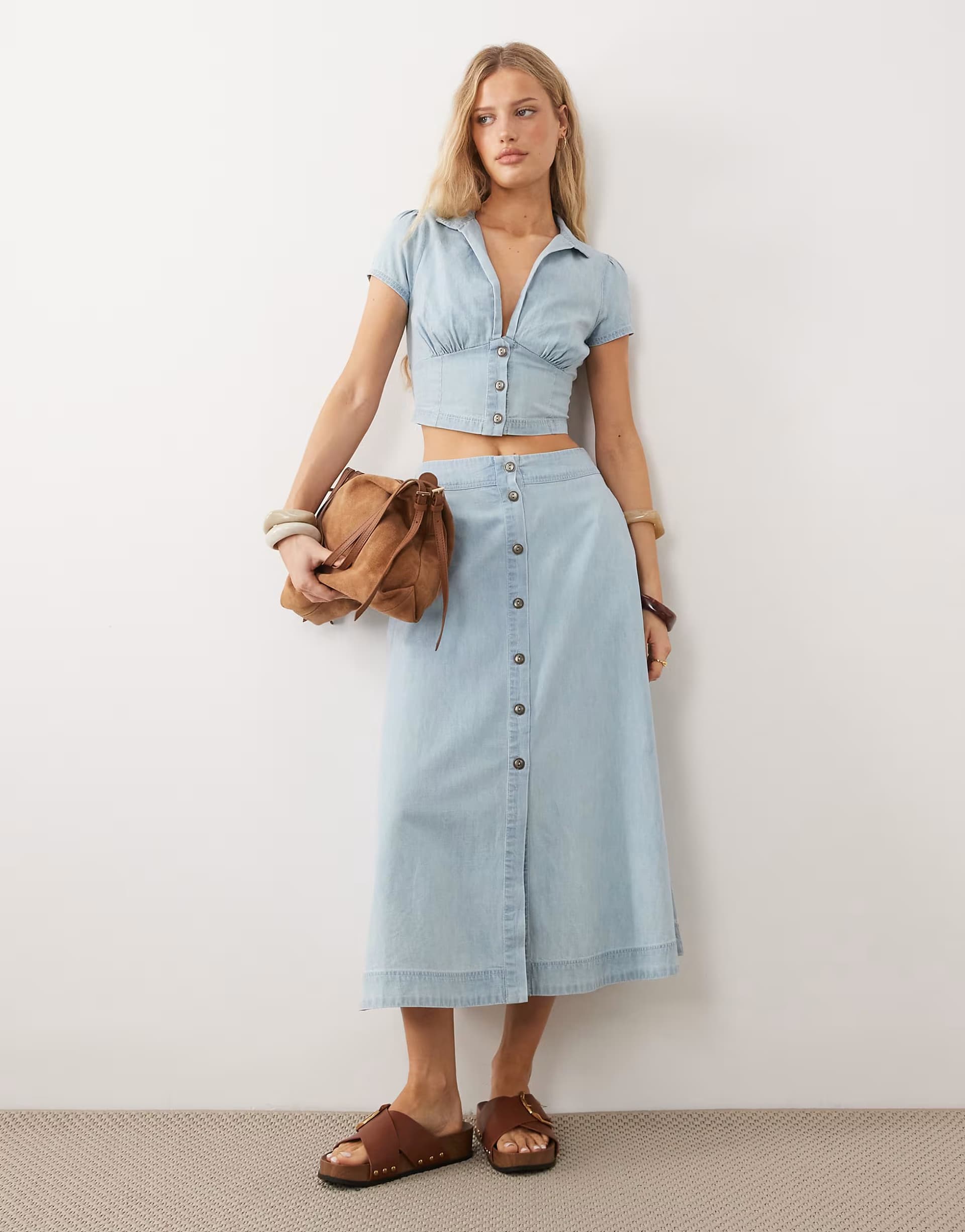 ASOS Free People easy does it denim blouse and midaxi skirt set in ice crush
