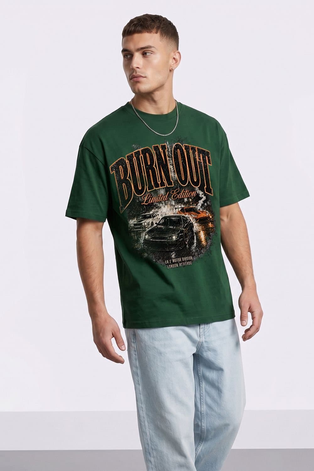 LONDON ATTITUDE LONDON ATTITUDE Men's Burn Out Limited Edition Oversized Heavyweight Graphic T-Shirt in Green
