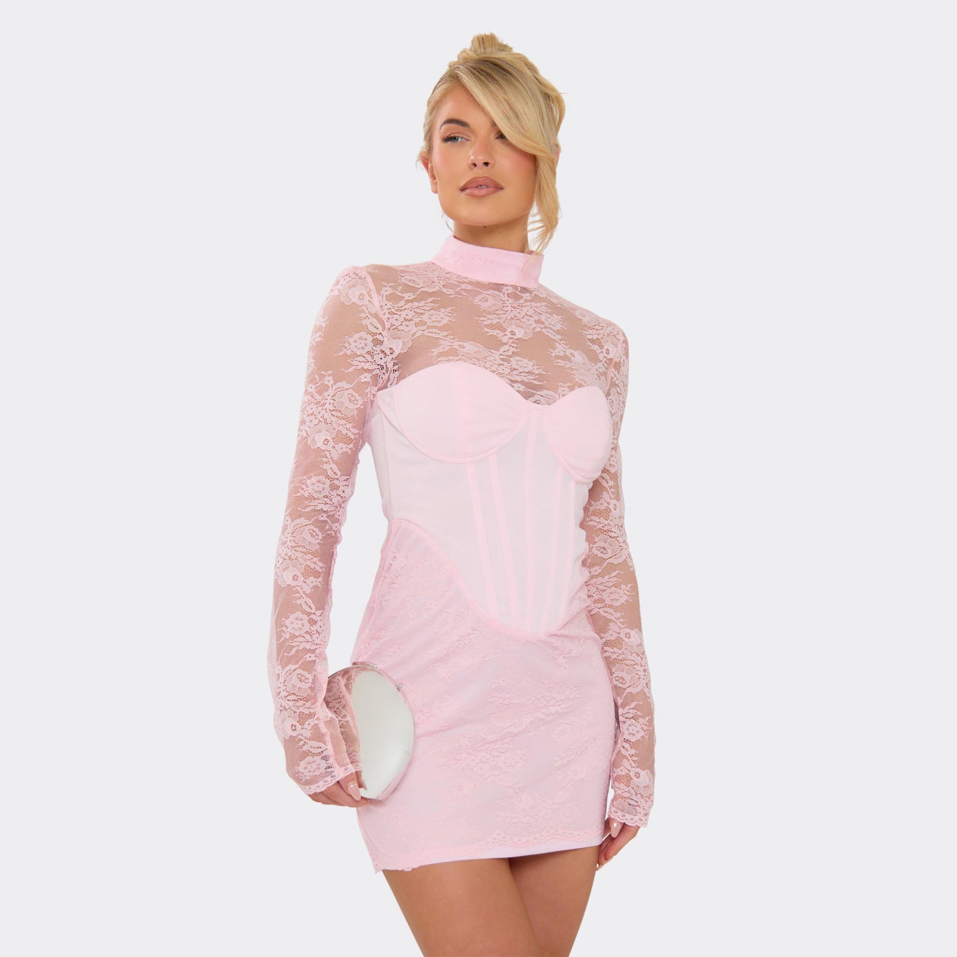 EGO High Neck Long Sleeve Lace Detail Corset Overlay Mini Dress In Baby Pink, Women's Size UK 6