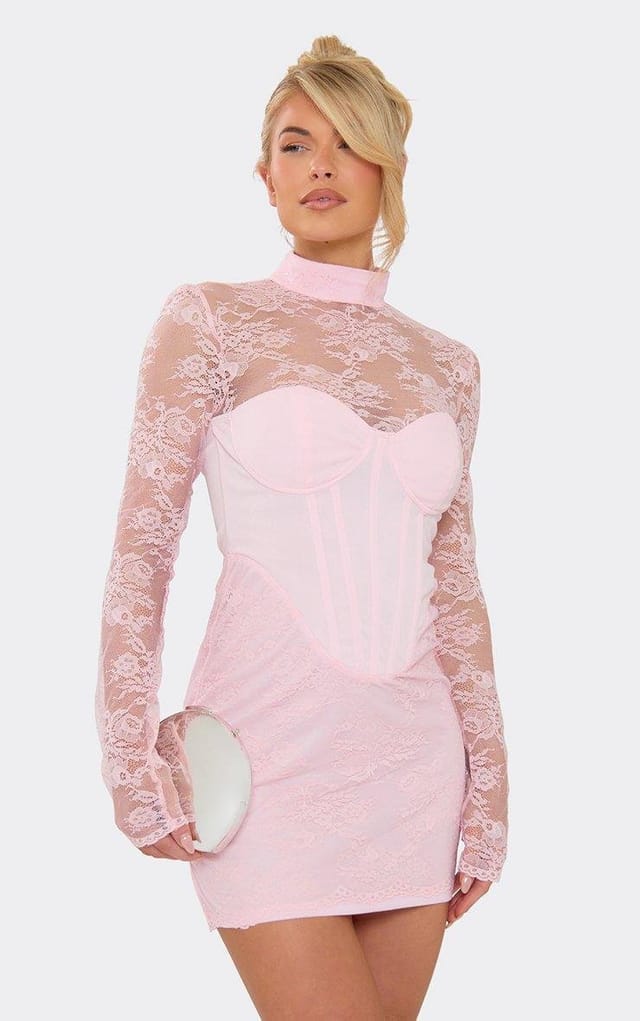 EGO High Neck Long Sleeve Lace Detail Corset Overlay Mini Dress In Baby Pink, Women's Size UK 6 - 2