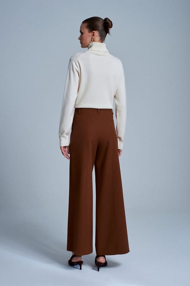 Dilvin Dilvin Women's Wide-Leg Crepe Trousers in Brown - 2