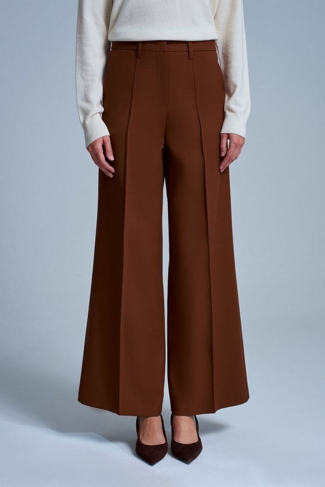 Dilvin Dilvin Women's Wide-Leg Crepe Trousers in Brown - 3