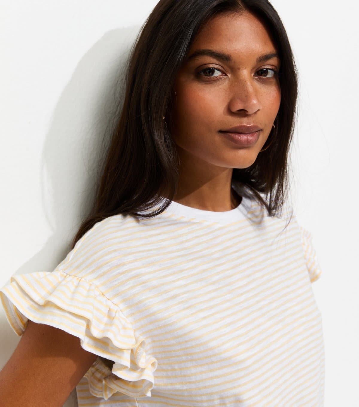 New Look New Look Cream Cotton Slub Striped Frill Sleeve T-Shirt