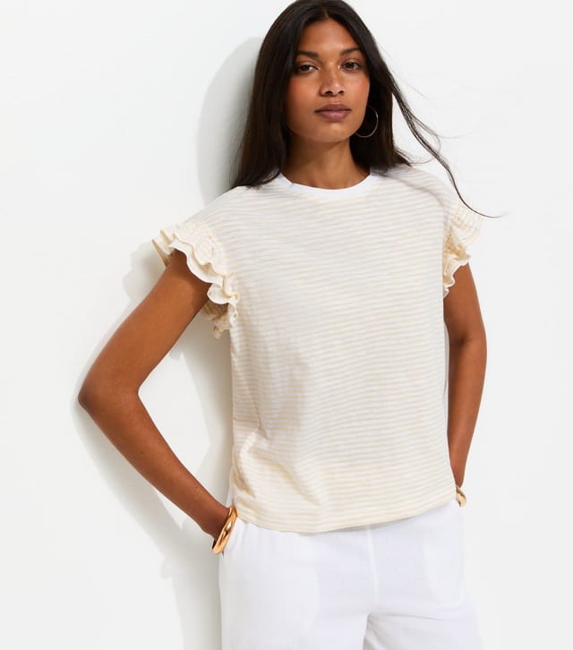 New Look Women's Cream Cotton Slub Striped Frill Sleeve T-Shirt New Look - 2