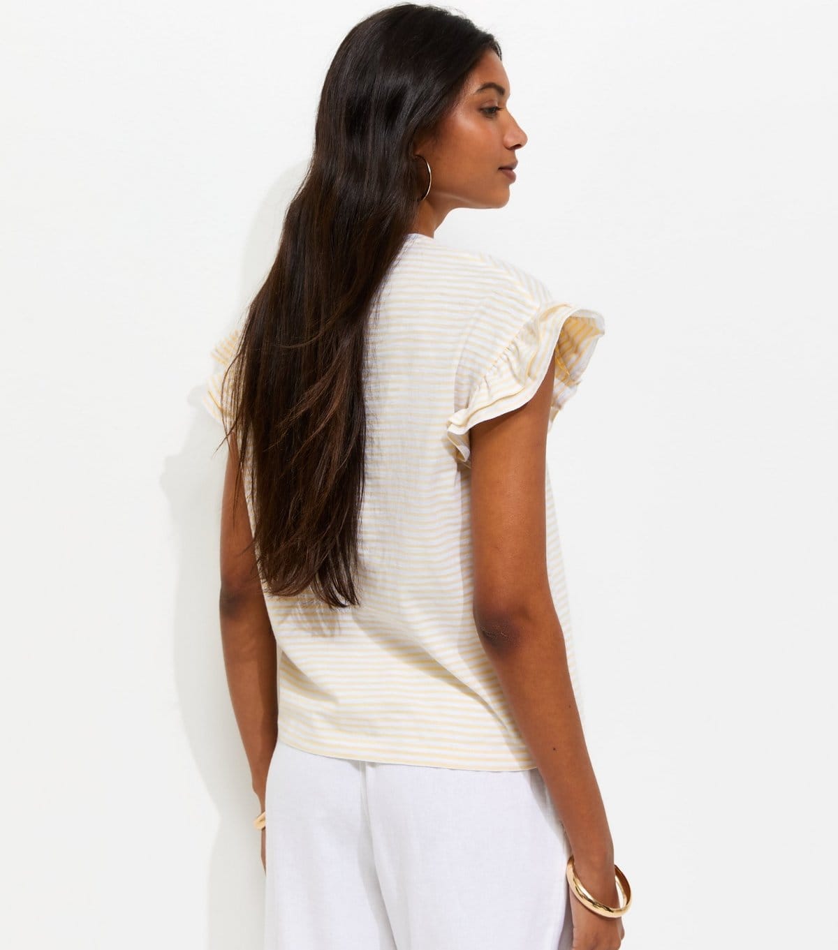 New Look Women's Cream Cotton Slub Striped Frill Sleeve T-Shirt New Look - 4