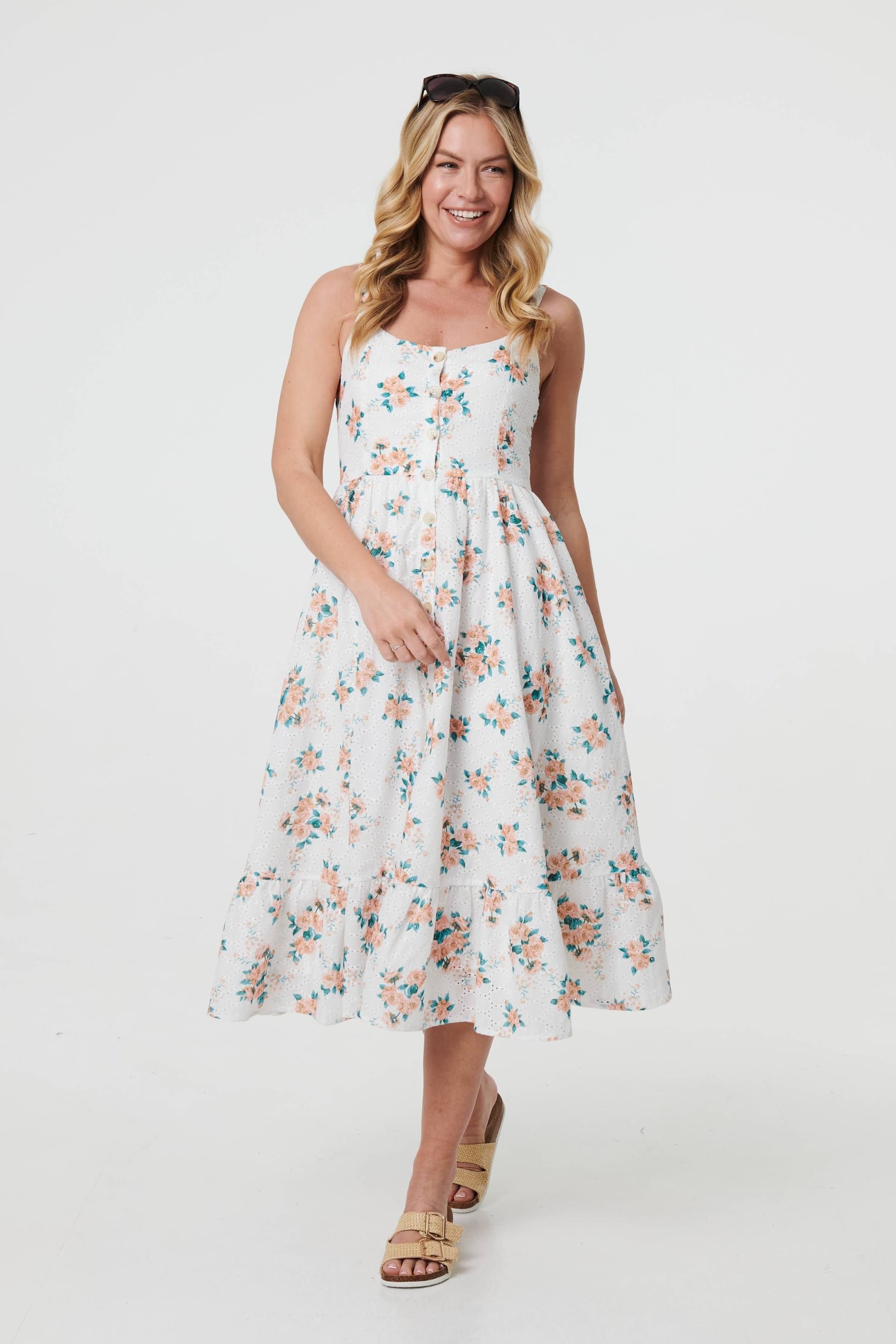 Izabel London Floral A-Line Cami Strap Midi Dress in White