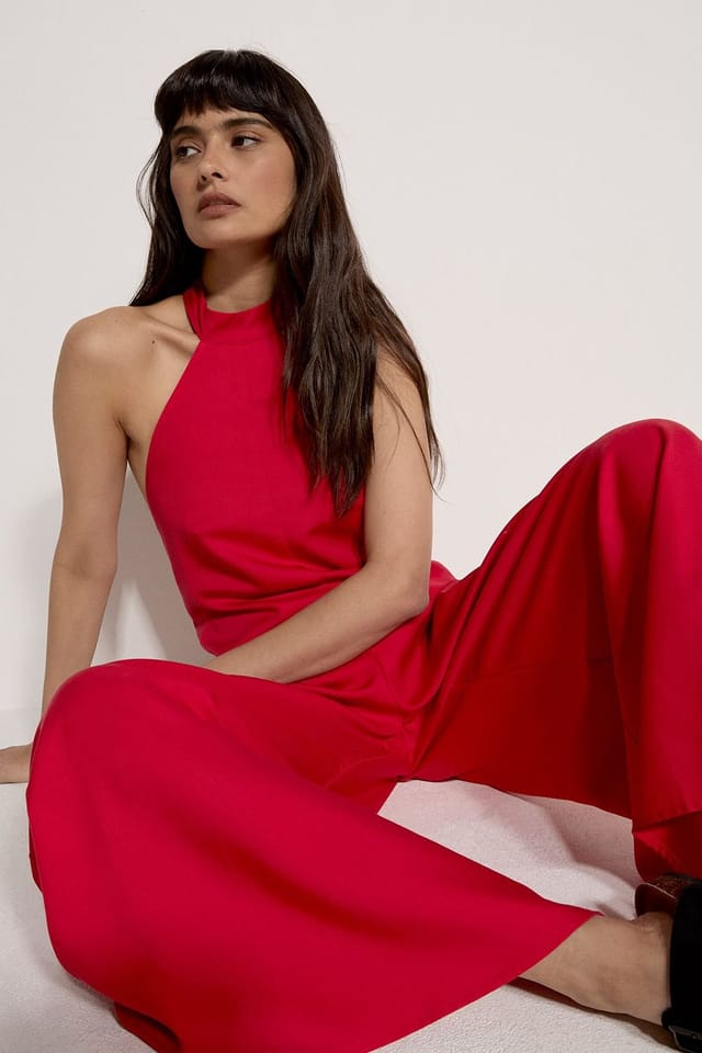 Apricot Apricot Women's Halter Neck Wide-Leg Jumpsuit in Red - 2