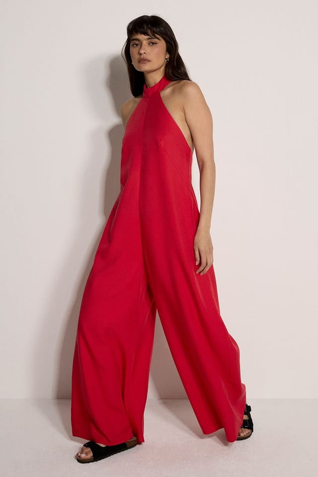 Apricot Apricot Women's Halter Neck Wide-Leg Jumpsuit in Red - 3
