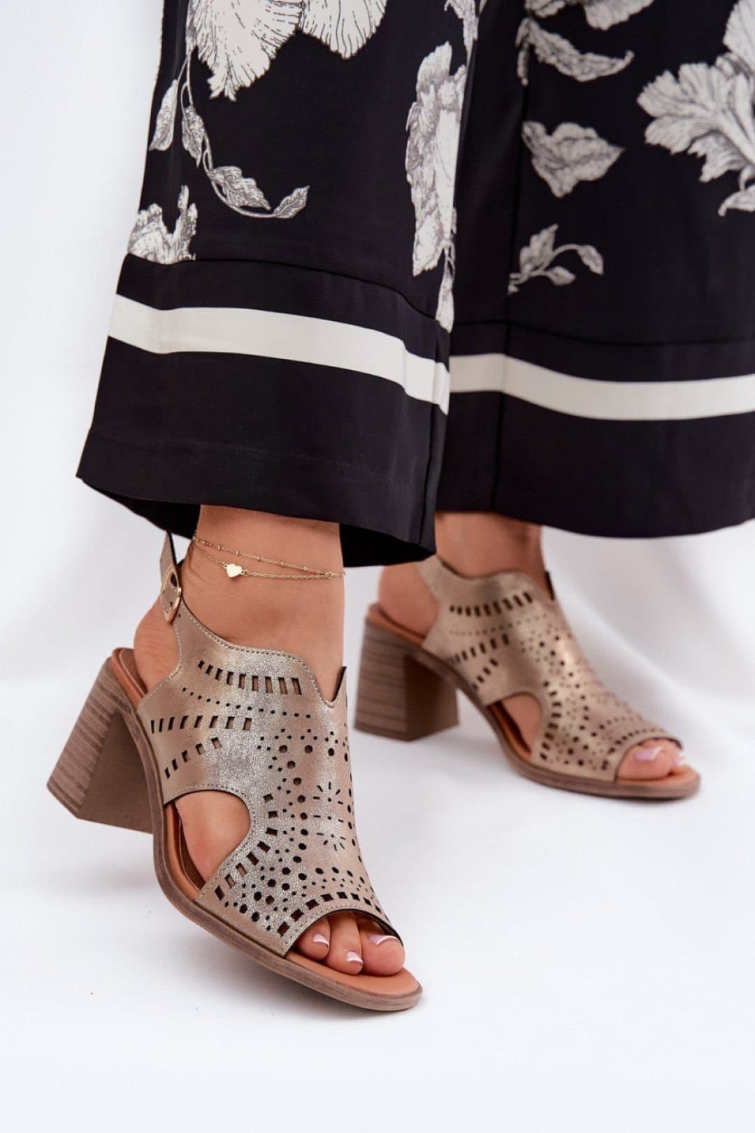 Love Lace Love Lace Bronze Perforated Column Heel Sandals