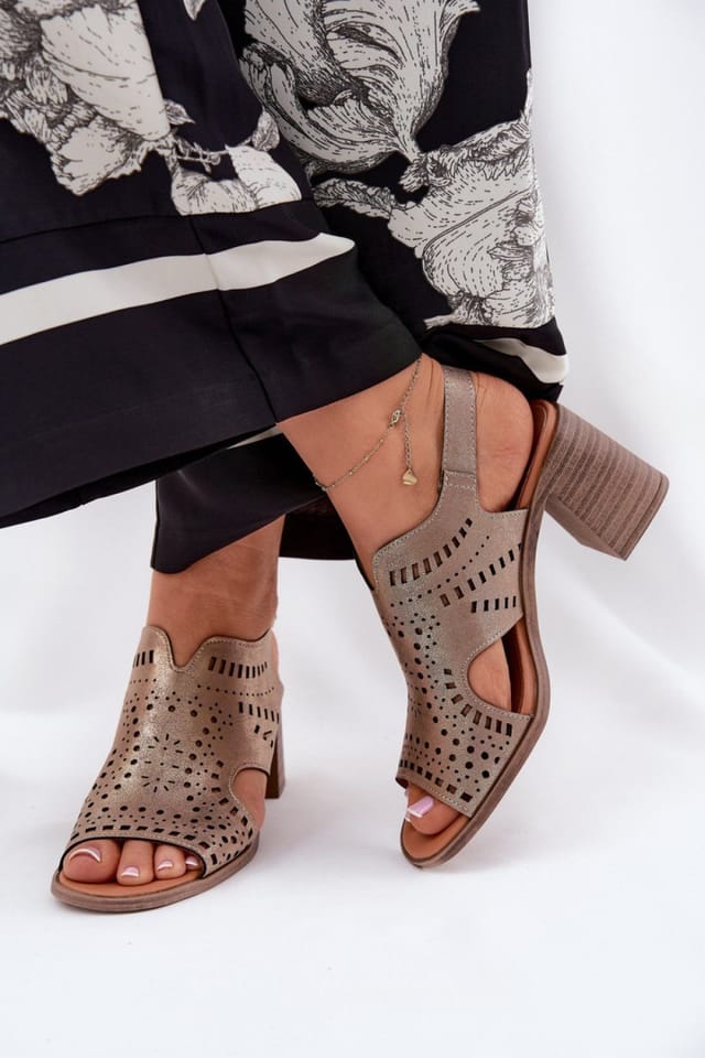 Love Lace Love Lace Women's Perforated Column Heel Sandals with Adjustable Strap in Bronze - 3