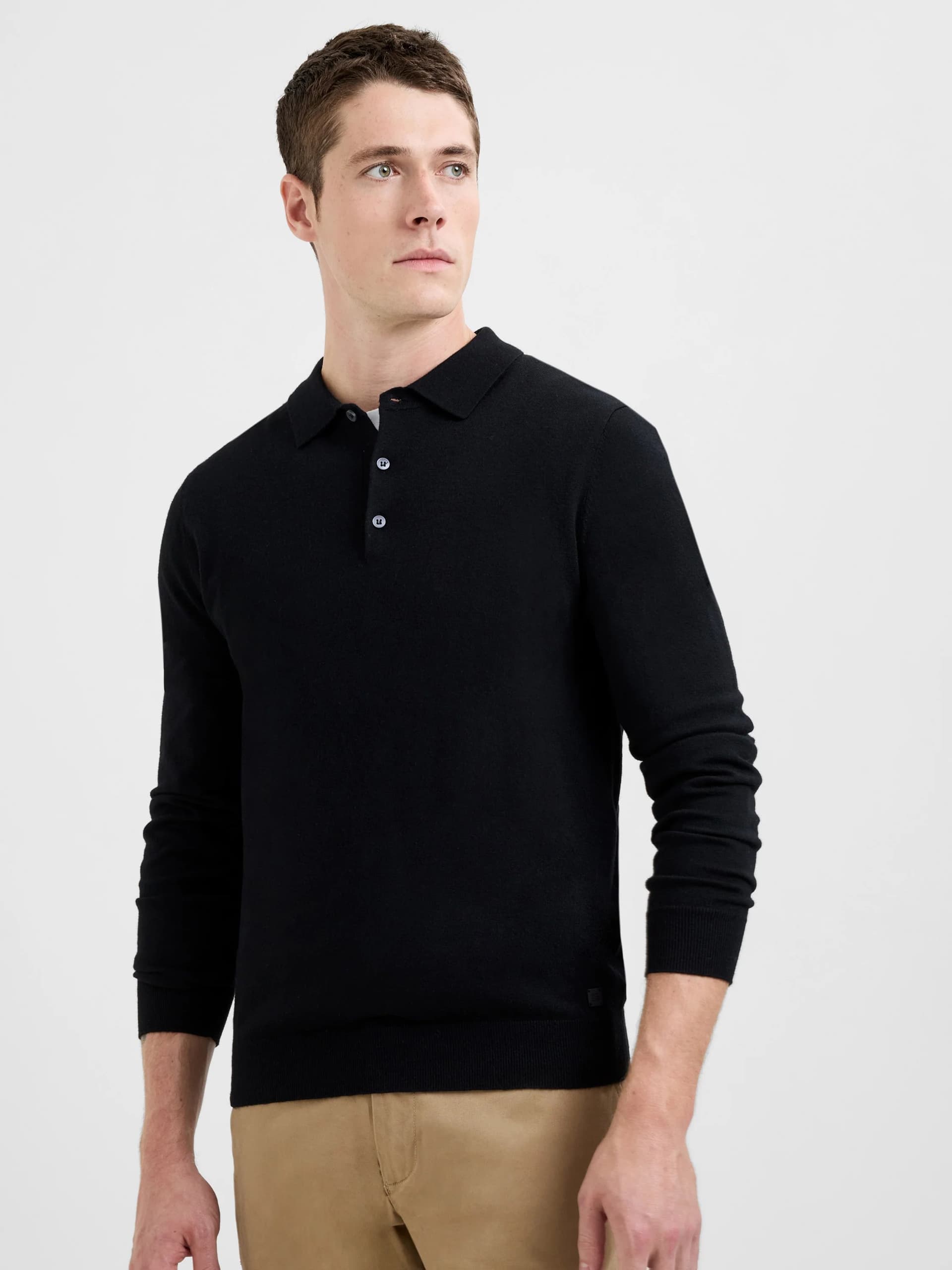 French Connection 3 Button Long Sleeve Knit Polo Shirt Black