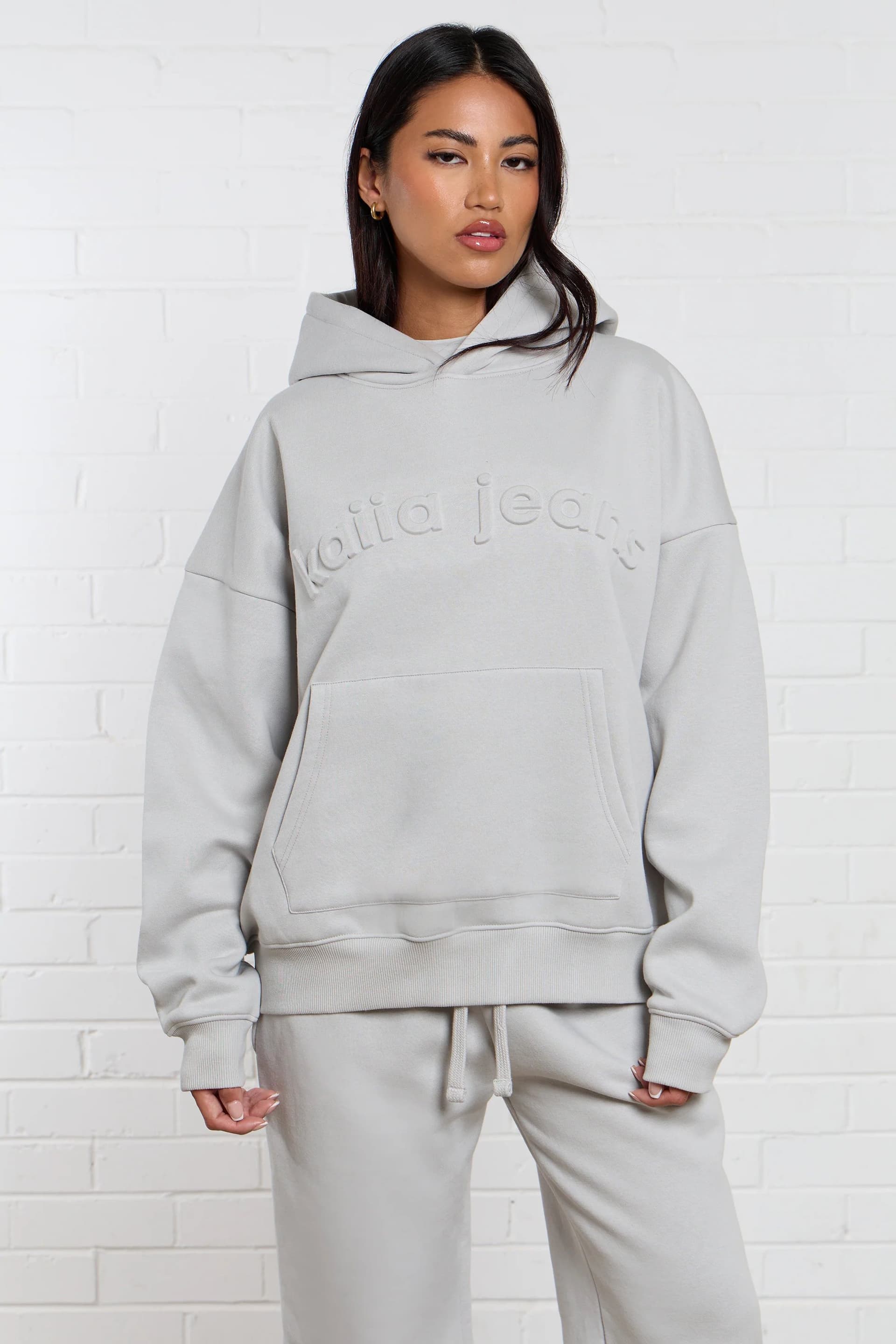 Kaiia Kaiia Jeans Embossed Oversized Hoodie Silver Grey