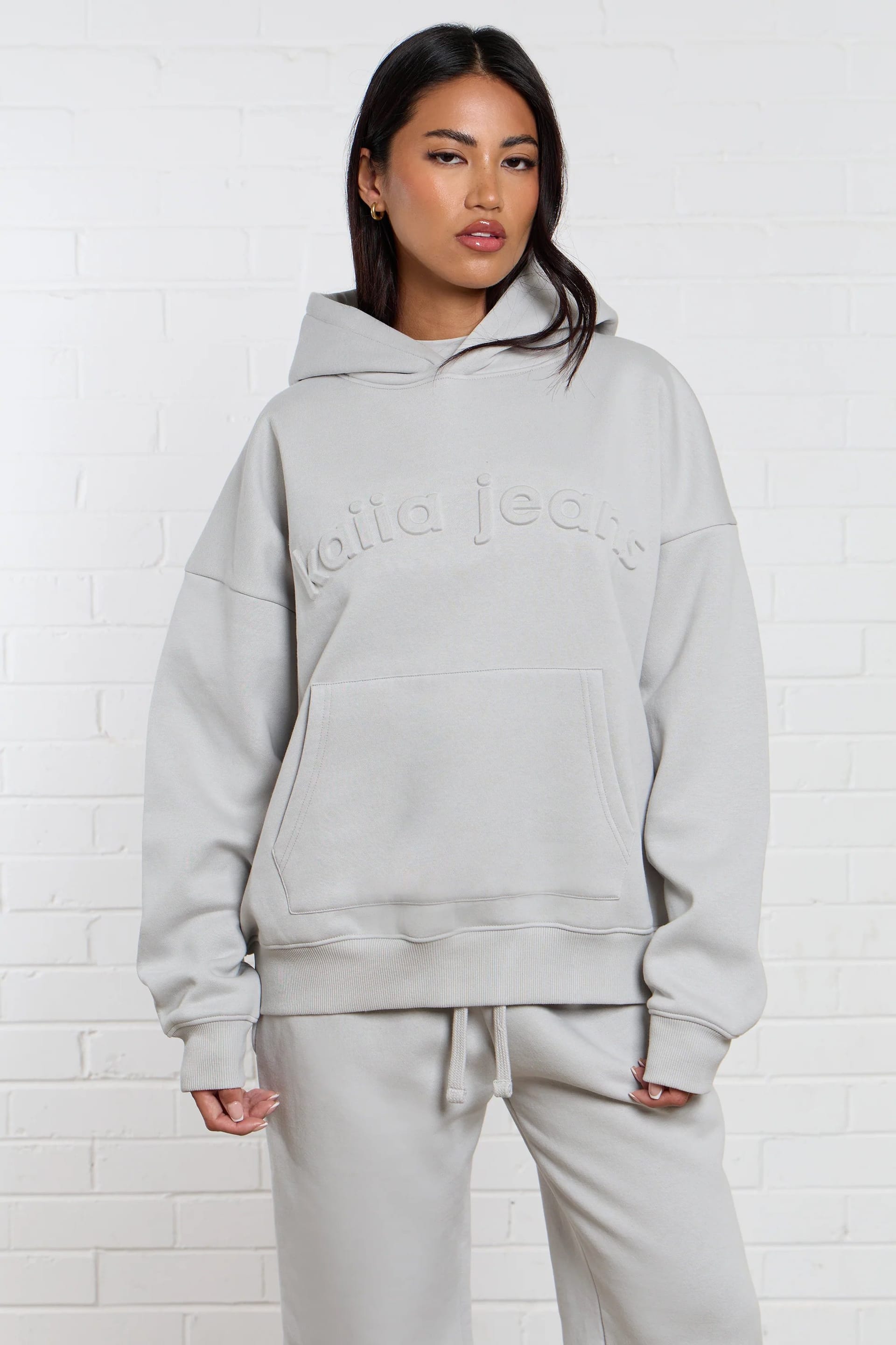 Kaiia Jeans Silver Grey Oversized Embossed Hoodie