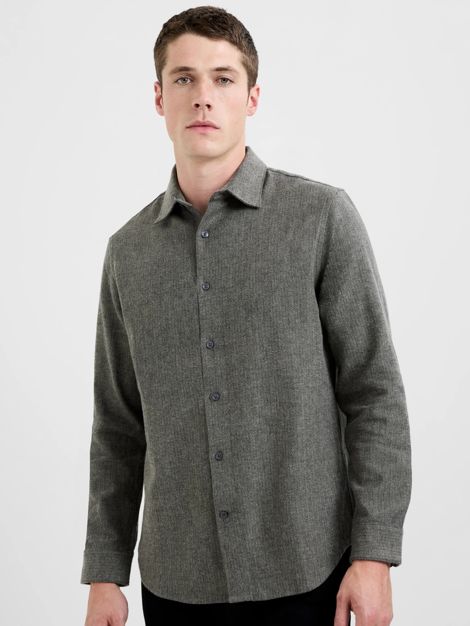 French Connection Herringbone Long Sleeve Regular Fit Shirt Grey
