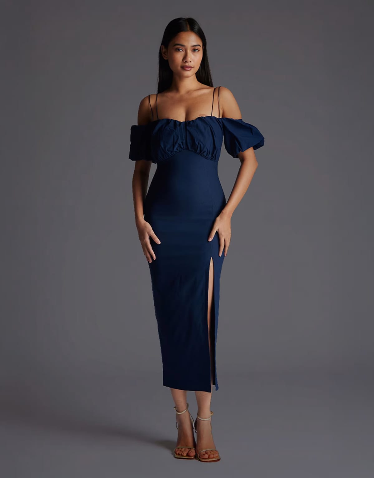 ASOS Vesper Bardot ruched midaxi dress with short sleeve in navy - 1