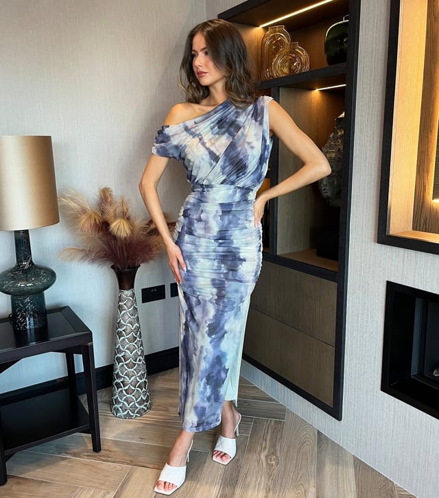 AX Paris Women's Black Tie-Dye Print Ruched One-Shoulder Midi Dress AX Paris New Look - 2
