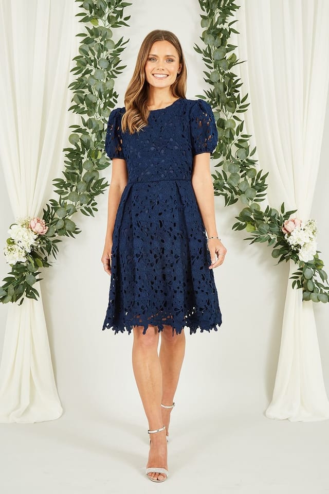 Yumi Yumi Women's Navy Lace Skater Dress With Puff Sleeves - 2