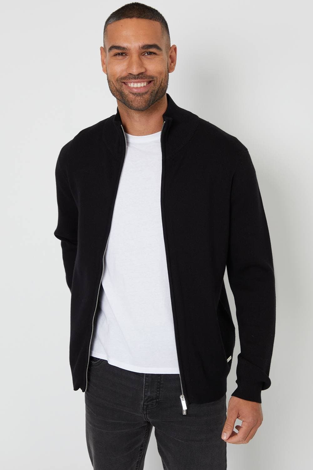 Threadbare threadbare Men's Zip-Through Funnel Neck Knitted Cardigan in Black