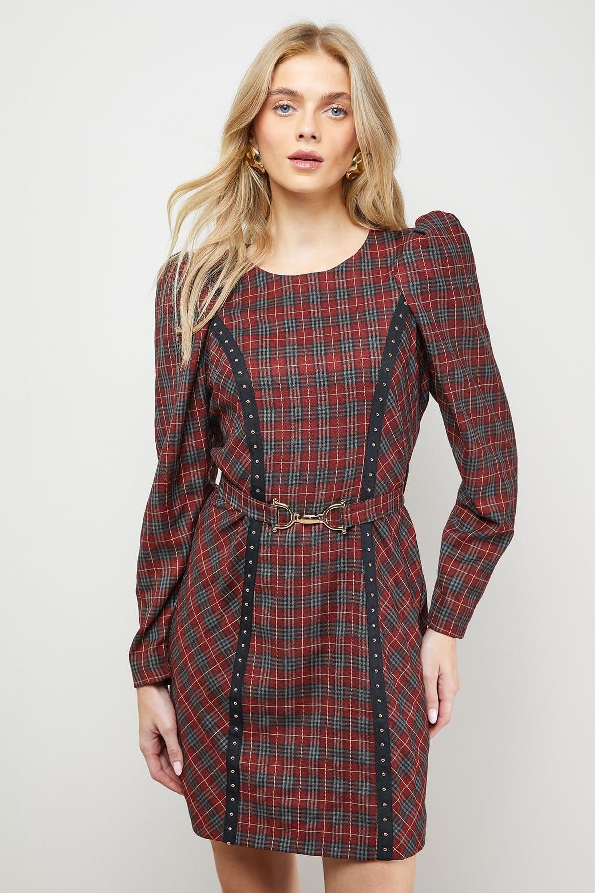 Oasis Oasis Women's Checked Belted Crew Neck Mini Dress in Burgundy