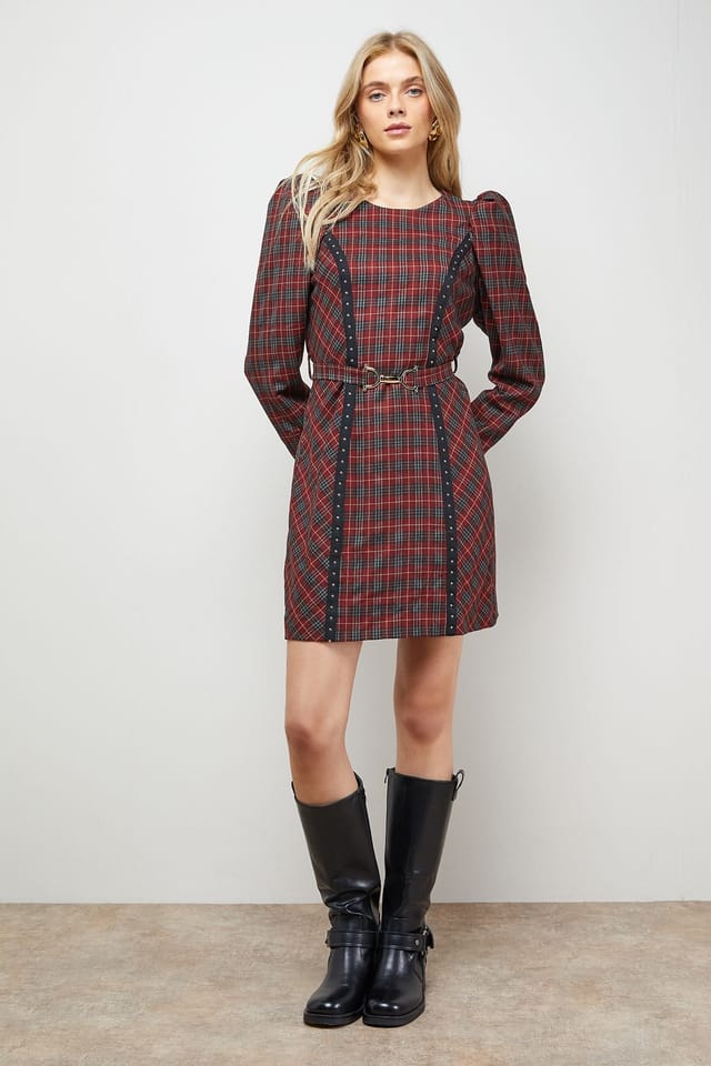 Oasis Oasis Women's Checked Belted Crew Neck Mini Dress in Burgundy - 2