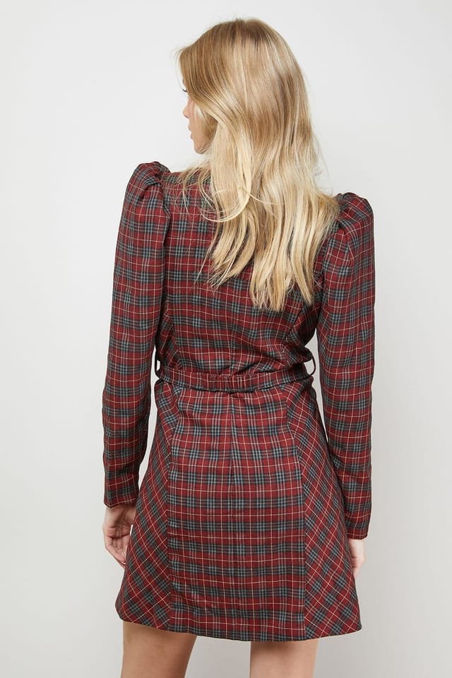 Oasis Oasis Women's Checked Belted Crew Neck Mini Dress in Burgundy - 3