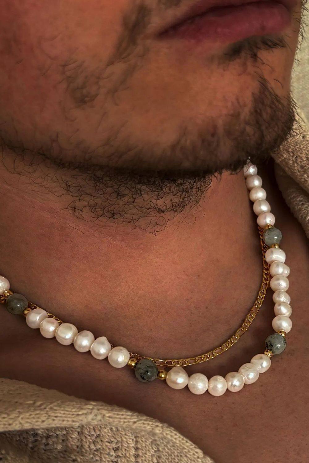 Outrage London Outrage London Men's Gold Personalised Labradorite Stone Pearl Necklace in White - 1