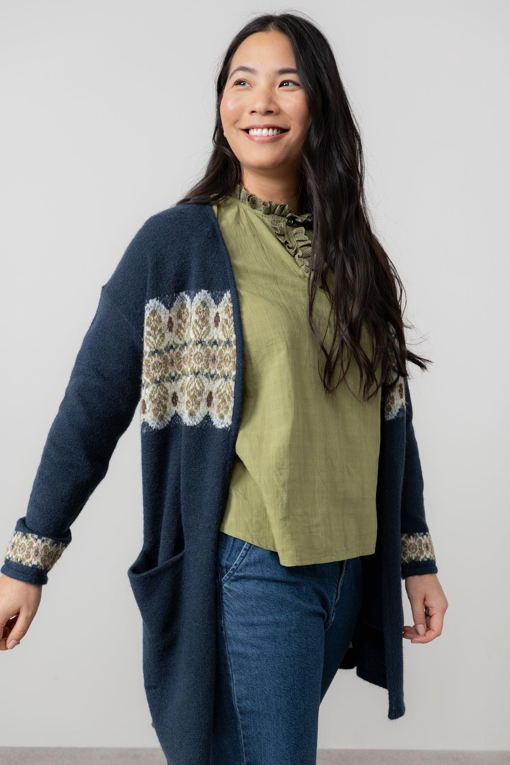 Lily & Me Lily & Me Women's Isle Fair Isle Knitted Longline Cardigan with Large patch pockets in Navy - 1