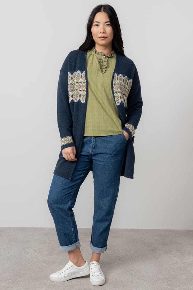 Lily & Me Lily & Me Women's Isle Fair Isle Knitted Longline Cardigan with Large patch pockets in Navy - 2