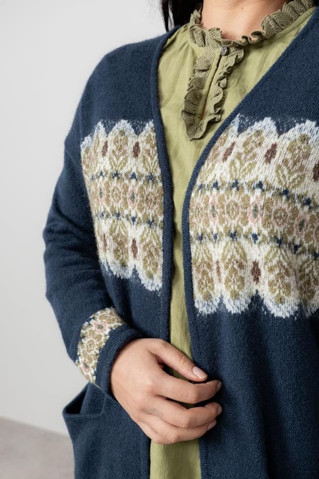 Lily & Me Lily & Me Women's Isle Fair Isle Knitted Longline Cardigan with Large patch pockets in Navy - 3