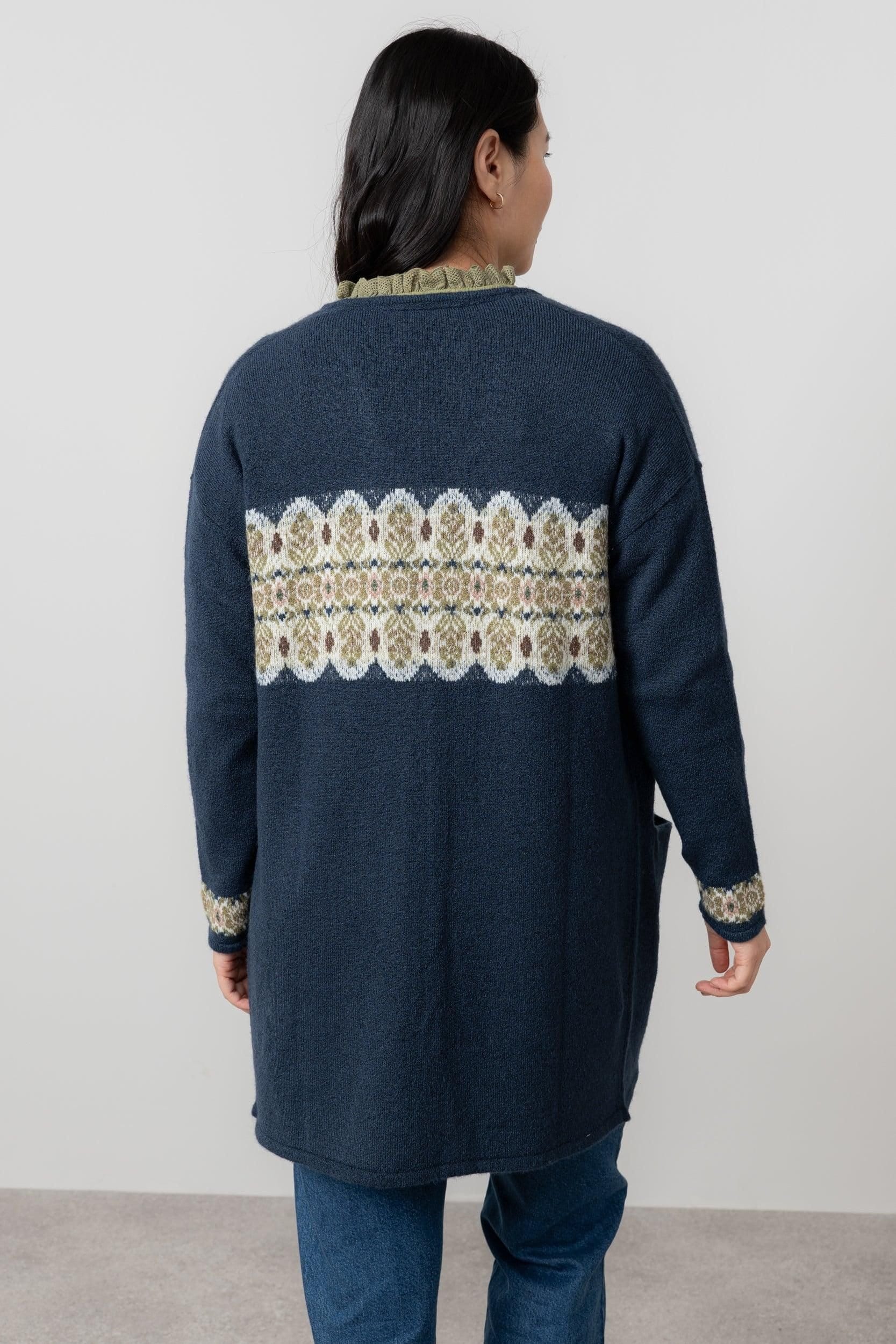 Lily & Me Lily & Me Women's Isle Fair Isle Knitted Longline Cardigan with Large patch pockets in Navy - 4