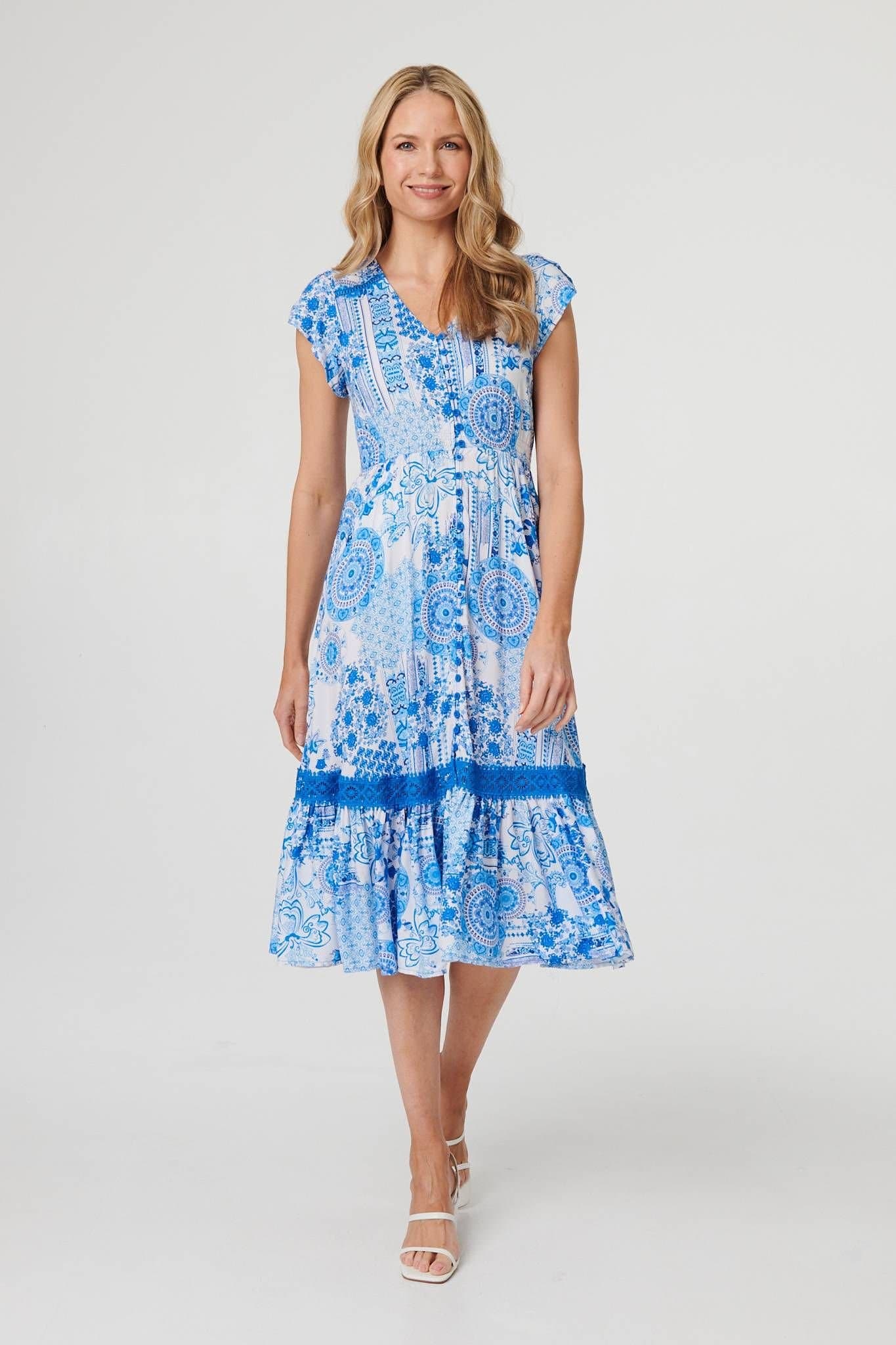 Izabel London Izabel London Women's Abstract Printed Lace Trim Midi Dress in Blue