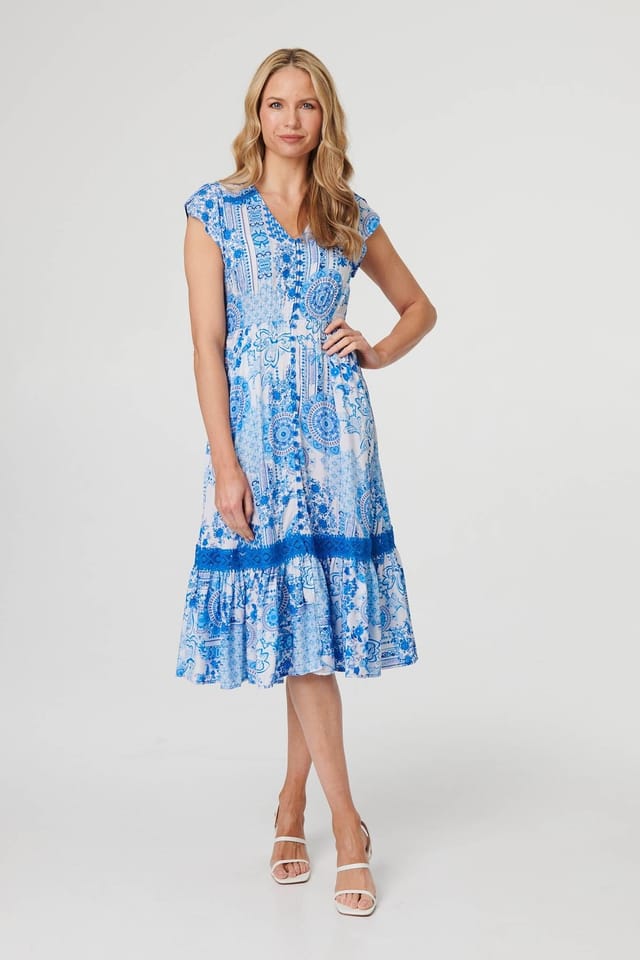 Izabel London Izabel London Women's Abstract Printed Lace Trim Midi Dress in Blue - 2