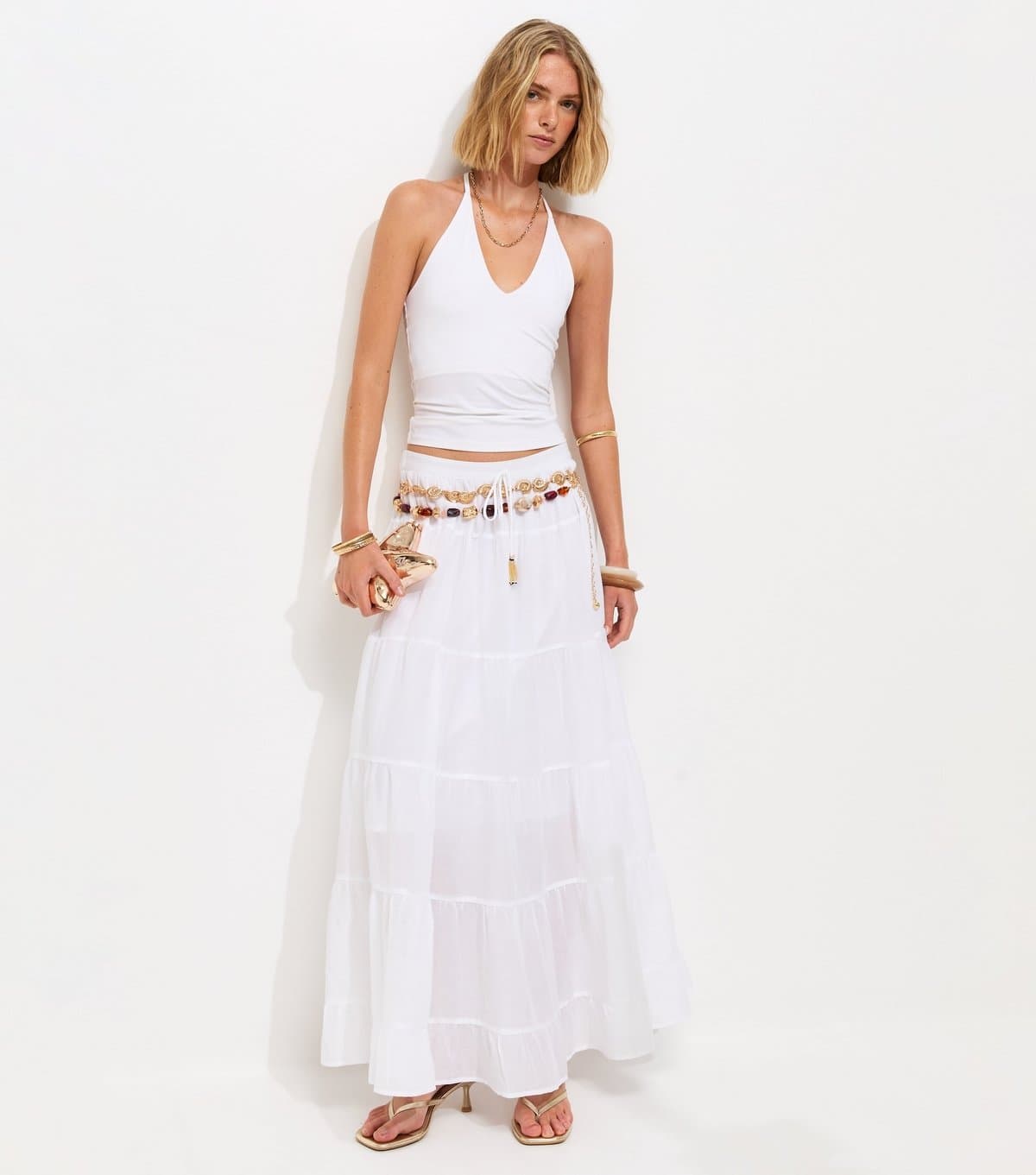 New Look Women's White Cotton Tiered Maxi Skirt New Look