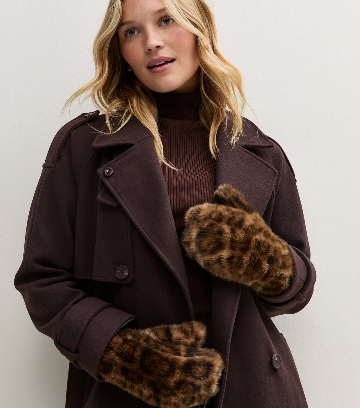 New Look Brown Leopard Print Faux Fur Mittens New Look