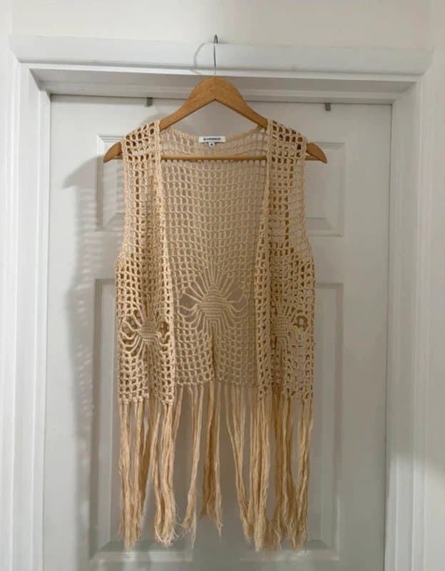 Glamorous Adorable Women's Crochet Boho Fringed Open Knit Vest Knitted Sleeveless Cardigan Waistcoat size 14