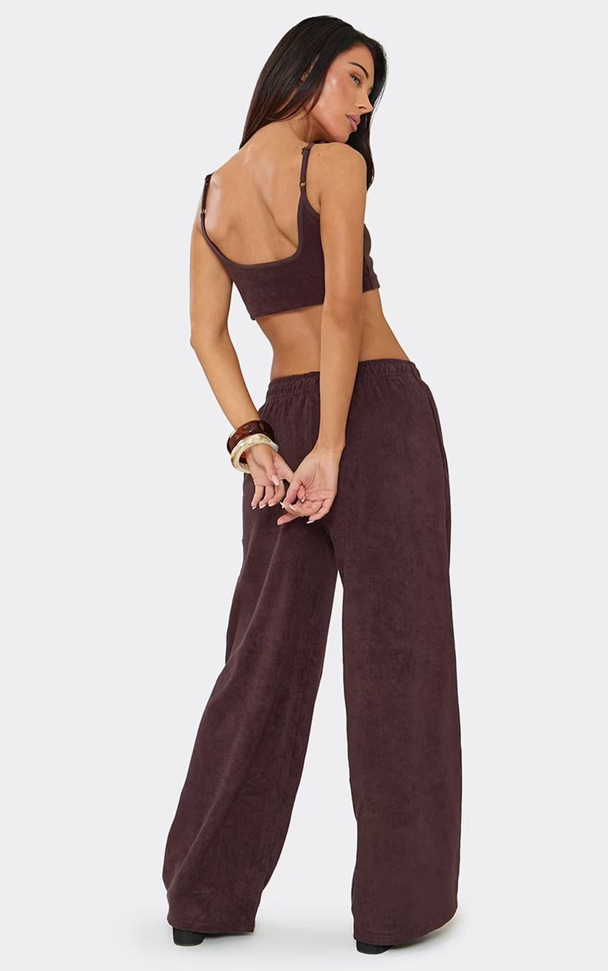 EGO Low Rise Button Front Wide Leg Joggers In Chocolate Brown Towelling, Women's Size UK 6